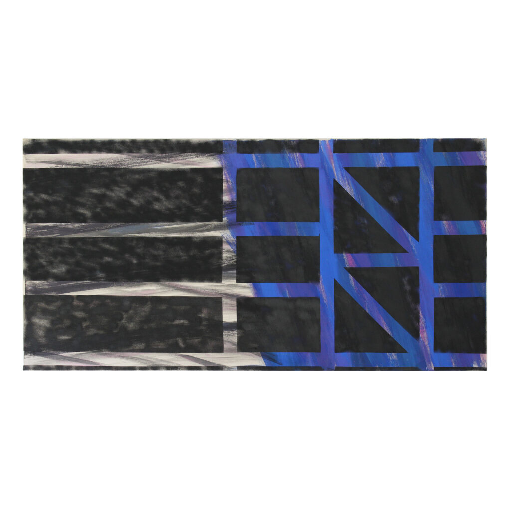 o. Titel, 2023, Mischtechnik, Segeltuch (blau-schwarz), 100 x 200 cm