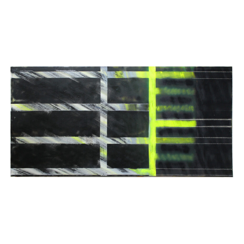o. Titel, 2023, Mischtechnik auf Segeltuch (gelb-schwarz), 100 x 200 cm