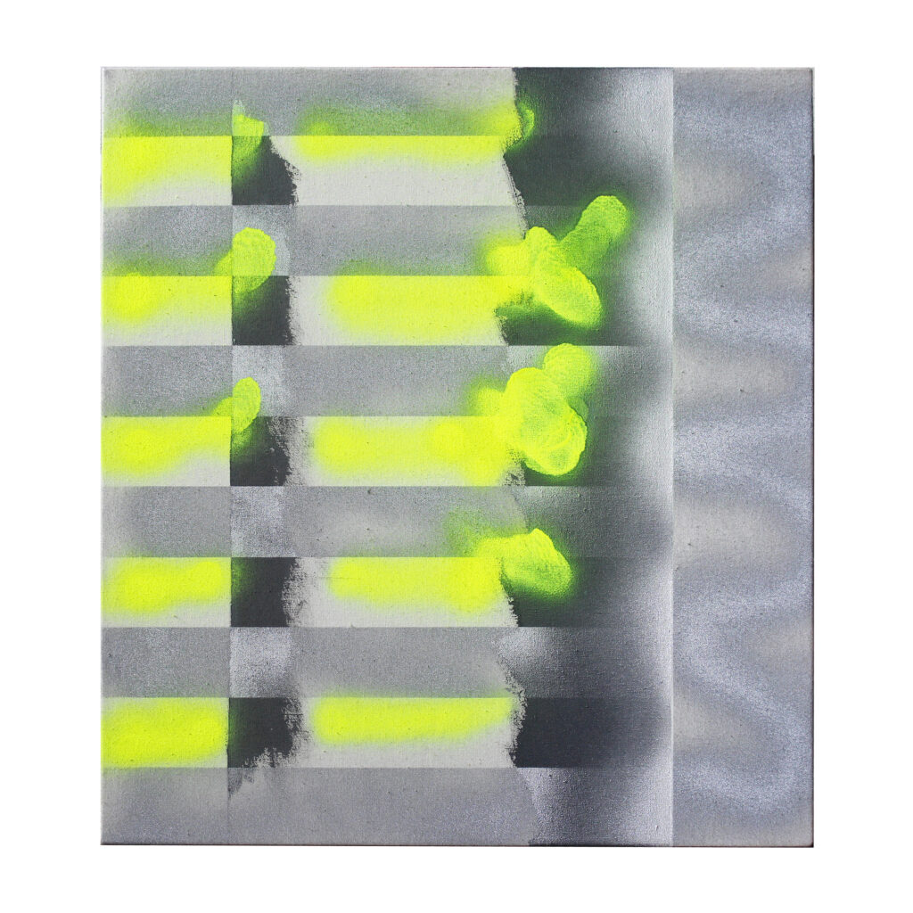 o. Titel, 2024, Silberpigment+Mischtechnik, Segeltuch, 55 x 50 cm